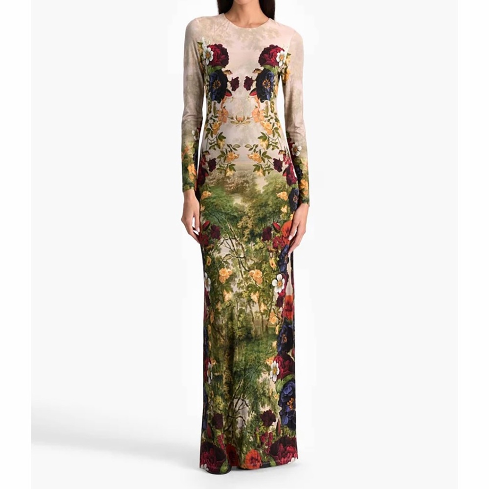 NWT Alice + Olivia Forbidden Forest Delora Body Con Maxi Dress Floral 2